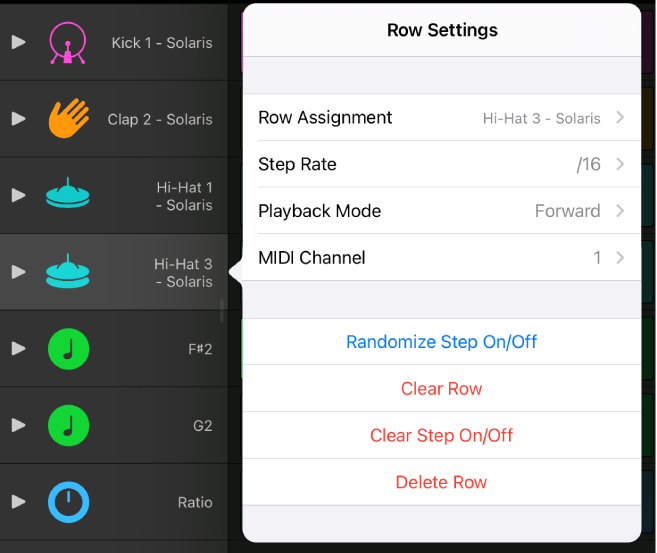 Row Settings menu.