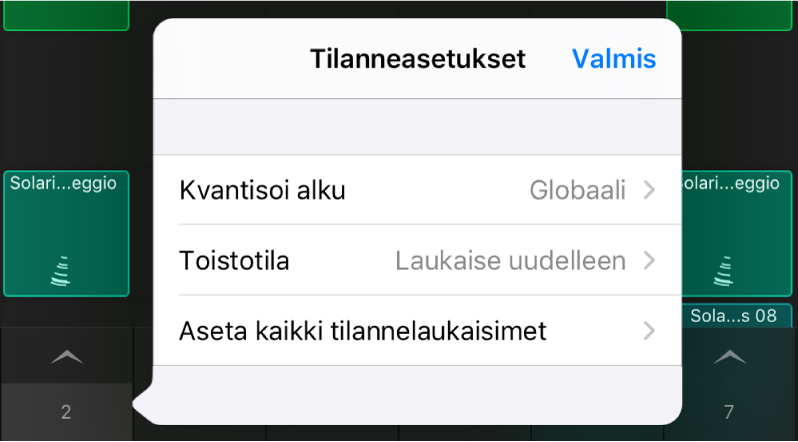 Tilanteen Asetukset-valikko.