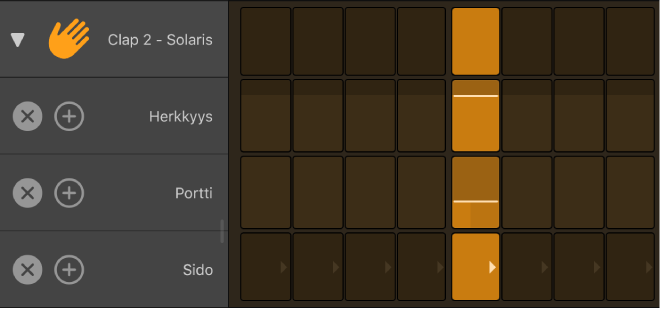 Step Sequencer, jossa on auki rivi ja alarivejä on näkyvissä.