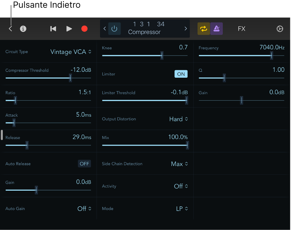 Figura. Didascalia che mostra i controlli del plugin Compressore.