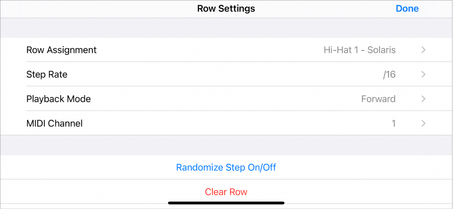 Row Settings menu.