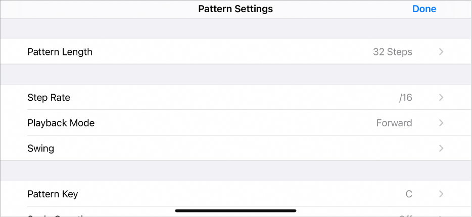 Pattern Settings menu.