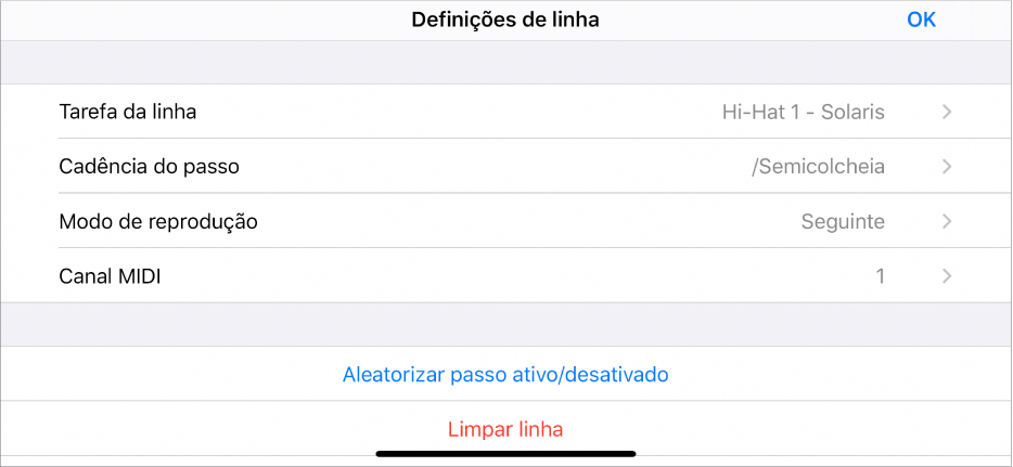 Menu Definições de linha.