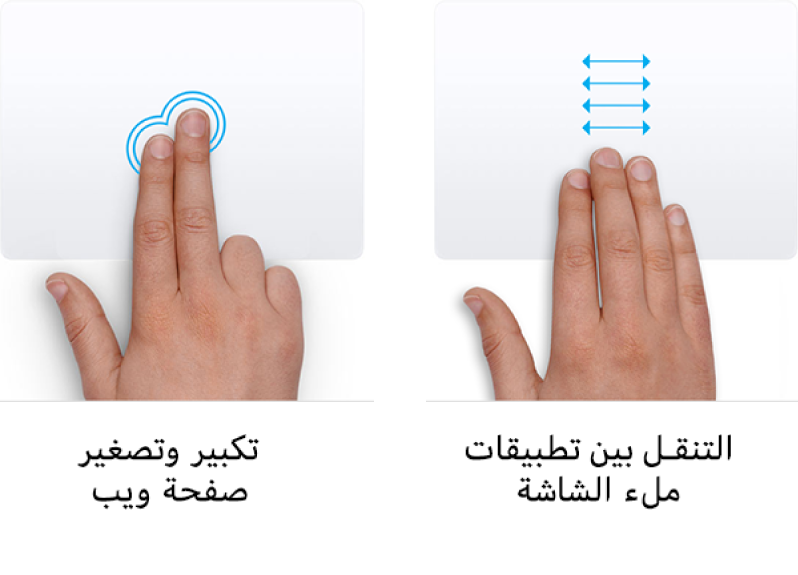 أمثلة على إيماءات لوحة التعقب للتكبير والتصغير في صفحة ويب والتنقل بين تطبيقات ملء الشاشة.