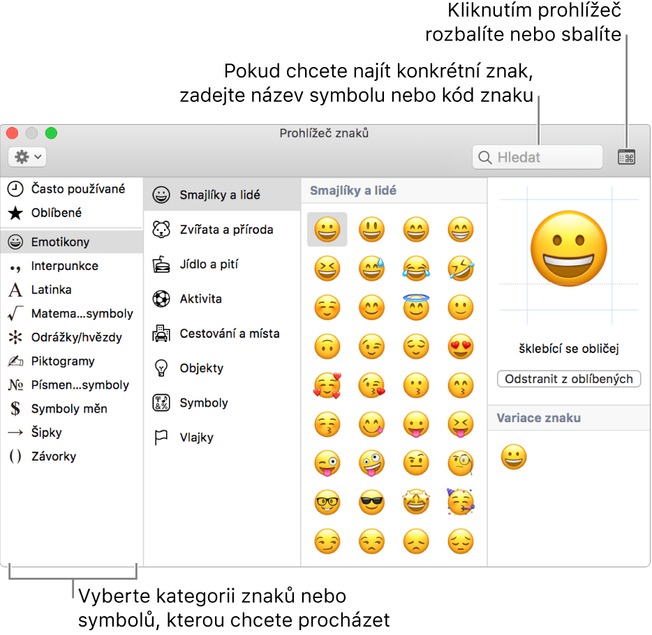Okno Prohlížeč znaků. Nalevo vyberte kategorii pro procházení znaků a symbolů. Konkrétní znak můžete vyhledat tak, že do pole hledání zadáte kód nebo název symbolu. Prohlížeč můžete rozbalit nebo sbalit kliknutím v pravém horním rohu.