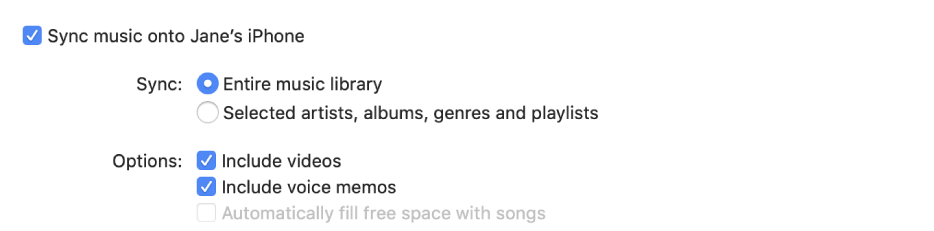 “Sync music onto device” tickbox appears with additional options for syncing your entire library or only selected items and including videos and voice memos in the syncing process.