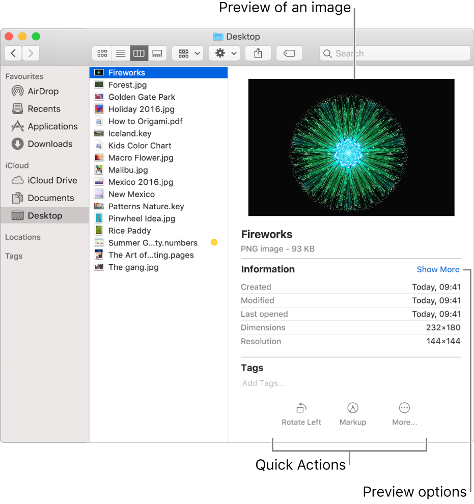 A Finder window showing the Finder sidebar on the left and an image selected in the middle portion of the window. On the right, the Preview pane shows what the image looks like at the top of the pane, the image details below that, and the Quick Actions buttons at the bottom.