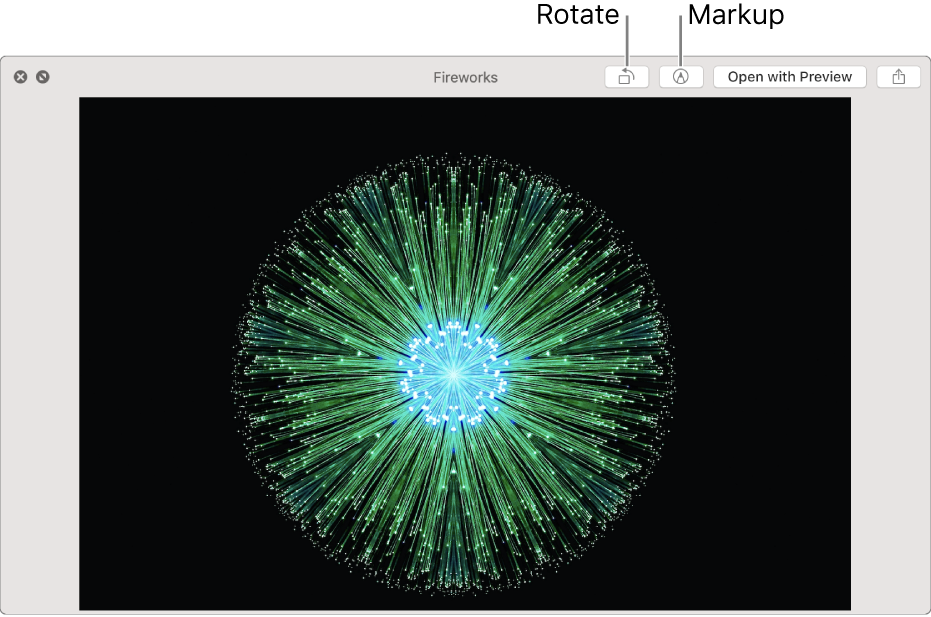 An image in the Quick Look window with buttons to rotate or mark up the image, open it in the Preview app or share it.