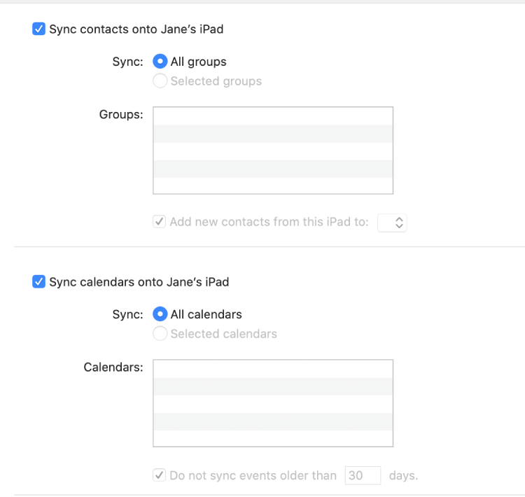 The Info syncing options showing the “Sync contact on device” and “Sync calendars onto device” checkboxes and options for selecting groups of contacts and a selection of calendars.