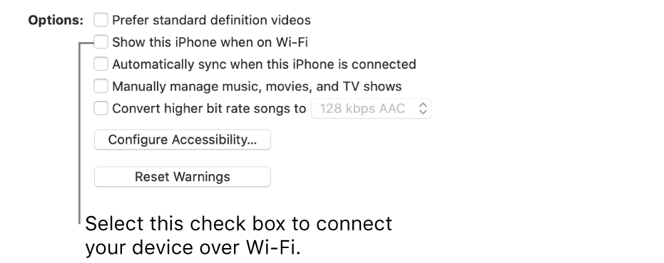 The sync options showing checkboxes to manually manage content items with the “Show this [device] when on Wi-Fi” checkbox identified.