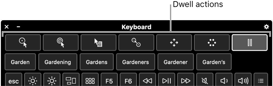 Dwell action buttons located across the top of the Accessibility Keyboard.