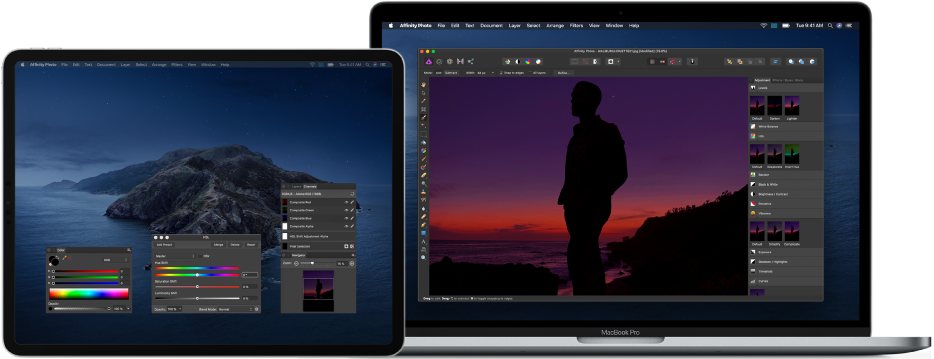 A MacBook Pro next to an iPad Pro. The Mac desktop shows the main window of an app for editing photos, and the iPad shows additional open windows from the app for complex photo editing tasks.