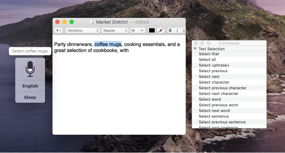 The Voice Control feedback window and Commands window next to a TextEdit document that’s being dictated. The Commands window lists text selection commands. The feedback window shows the Select <phrase> command being used to select a phrase in the document.