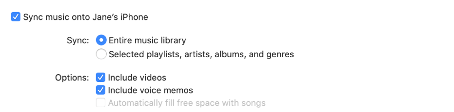 “Sync music onto device” checkbox appears with additional options for syncing your entire library or only selected items and including videos and voice memos in the syncing process.