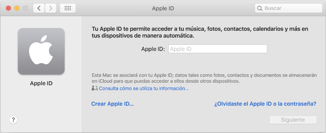 Cuadro de diálogo de Apple ID listo para que el usuario ingrese un Apple ID. El enlace "Crear Apple ID" te permite crear un Apple ID nuevo.