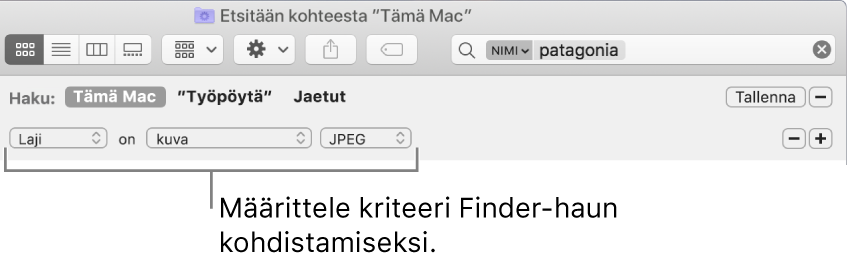 Finder-ikkuna, jossa on kenttiä hakuehtojen määrittämiseen.