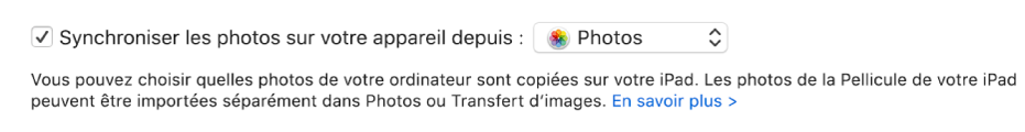 La case « Synchroniser les photos sur votre appareil depuis » s’affiche avec l’option « Photos » sélectionnée dans le menu local.