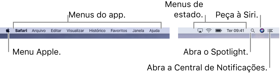 A barra de menus. À esquerda, encontram-se o menu Apple menu e menus de apps. À direita, encontram-se os menus de estado e os ícones do Spotlight, da Siri e da Central de Notificações.