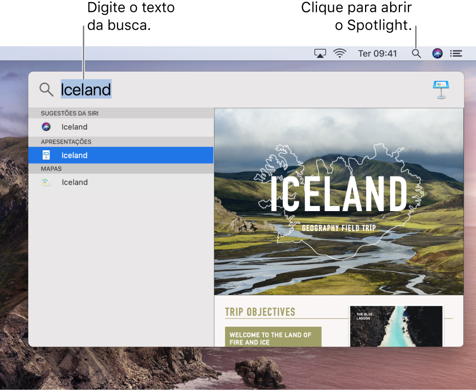 Menu do Spotlight exibindo um exemplo de busca com resultados.