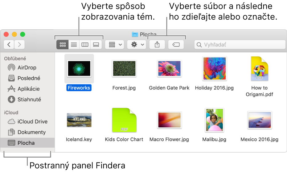 Okno Findera s postranným panelom Findera na ľavej strane. V ľavom hornom rohu okna sa nachádzajú štyri tlačidlá. Kliknutím na tieto tlačidlá môžete zmeniť spôsob zobrazenia položiek v okne Findera. Vpravo sa nachádzajú dve tlačidlá, na ktoré môžete kliknúť a zdieľať alebo označiť vybrané súbory.