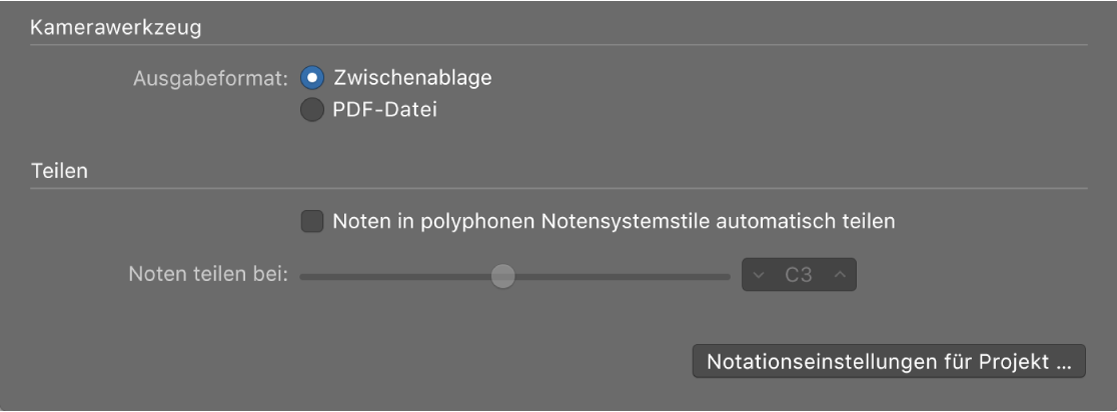 Abbildung. Einstellungen des Werkzeugs „Kamera“ im Einstellungsbereich „Notation“