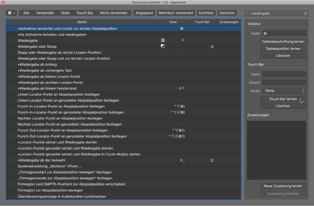 Abbildung. Dem Bereich „Tastaturkurzbefehle“ der Touch Bar wird eine Funktion zugeordnet