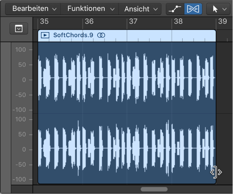 Abbildung. Der Trimmzeiger über dem unteren rechten Rand einer Audioregion im Audiospureditor