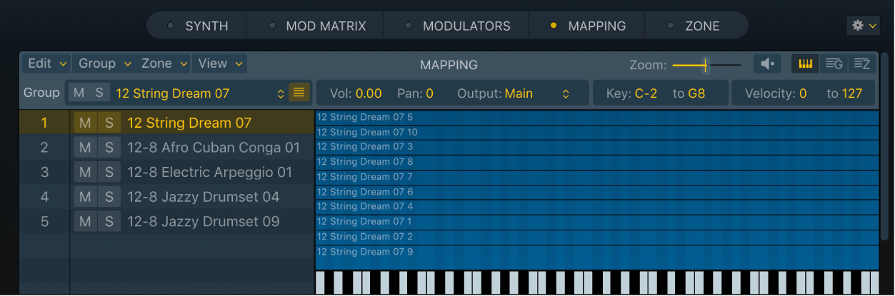 Abbildung. Key Mapping Editor mit mehreren Gruppen, die mittels Drag & Drop und der Methode „Optimized – Zone per Note“ importiert wurden. Die ausgewählte Gruppe umfasst mehrere Audiodateien.