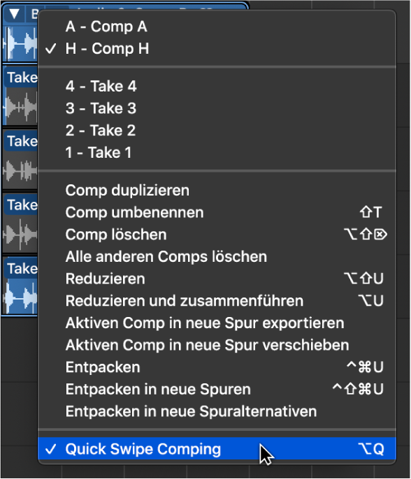 Abbildung. Auswählen von „Quick Swipe Comping“ im Einblendmenü