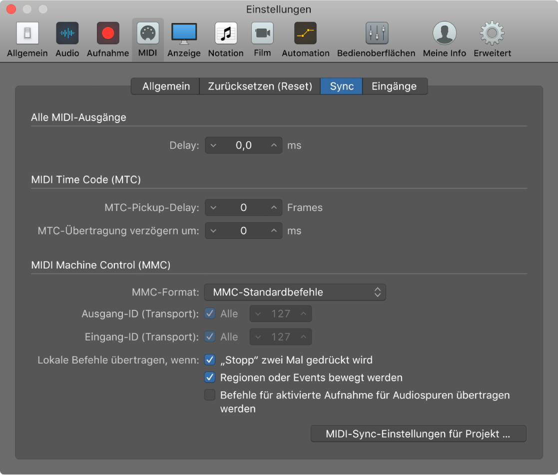 Abbildung. Bereich „MIDI“ > „Sync“