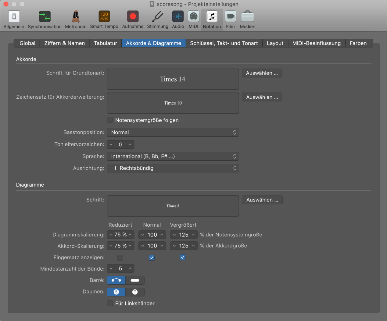 Abbildung. Bereich „Akkorde und Diagramme“ im Bereich „Notation“ der Projekteinstellungen