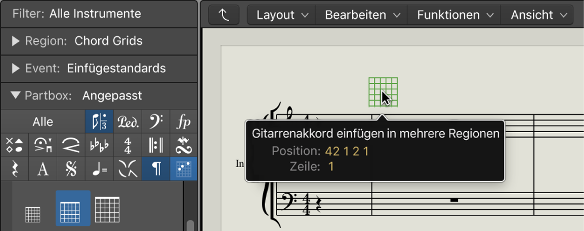 Abbildung. Bewegen eines Akkorddiagrammsymbols im Notationseditor