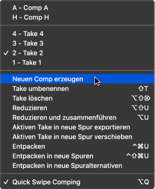 Abbildung. Auswählen von „Neuen Comp erzeugen“ im Einblendmenü