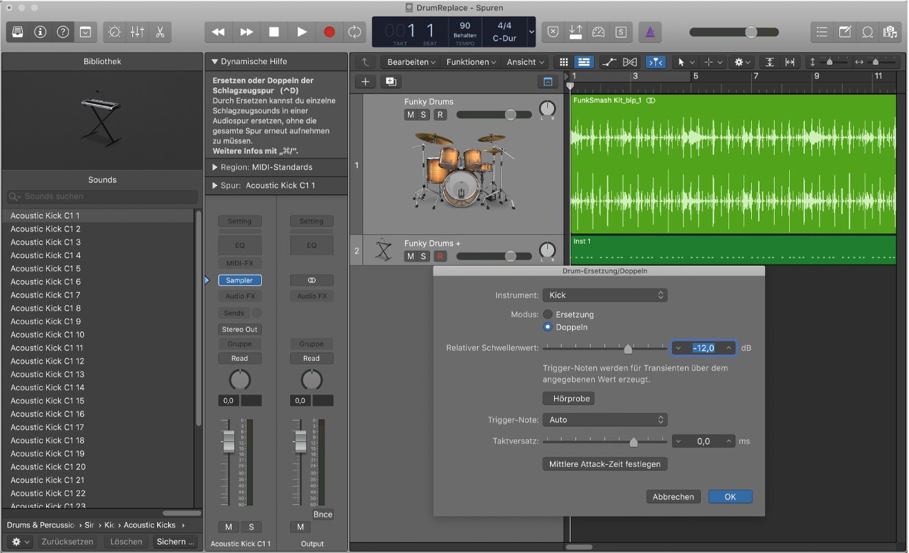 Abbildung. Bereich „Spuren“ mit gezoomter Audiospur, Bibliothek geöffnet mit Drum-Sounds und Dialogfenster „Drum-Ersetzung/Doppeln“ geöffnet