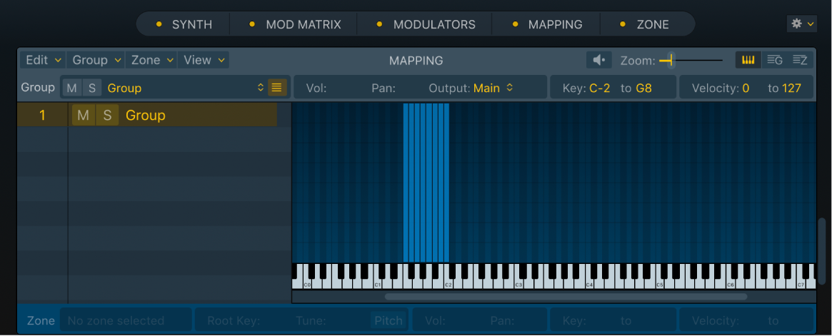 Abbildung. Key Mapping Editor mit den Zonen in einer von mehreren Gruppen, die mittels Drag & Drop und der Methode „Chromatic – Zone per file“ importiert wurden.