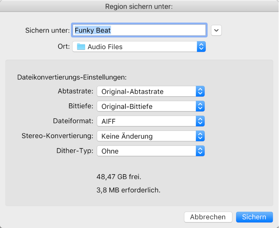 Abbildung. Dialogfenster „Region sichern unter“