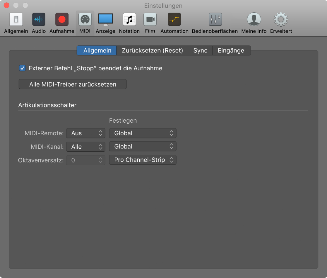 Abbildung. Bereich „MIDI“ > „Allgemein“