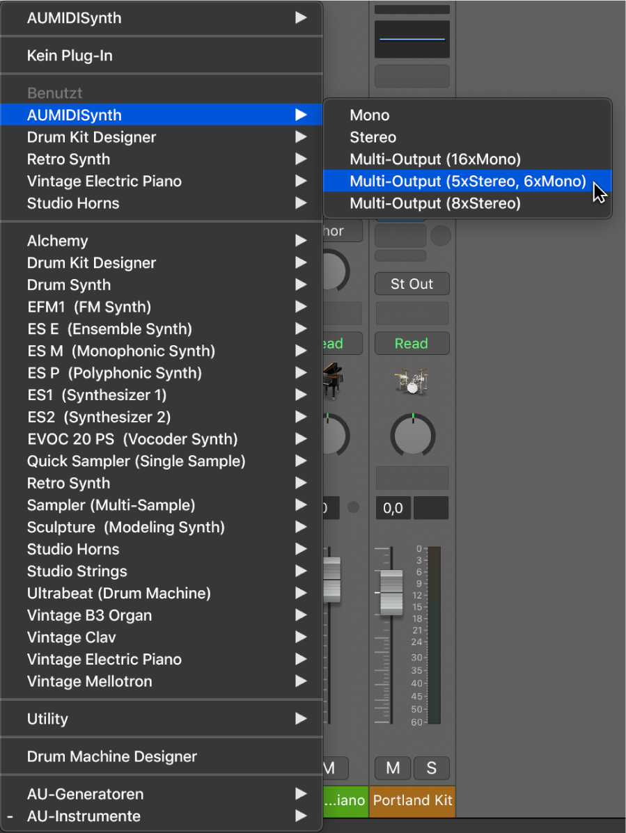 Abbildung. Einblendmenü für den Instrument-Slot mit Option „Sampler Multi-Ausgang“