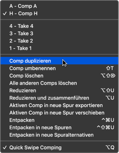 Abbildung. Auswählen von „Comp duplizieren“ im Einblendmenü