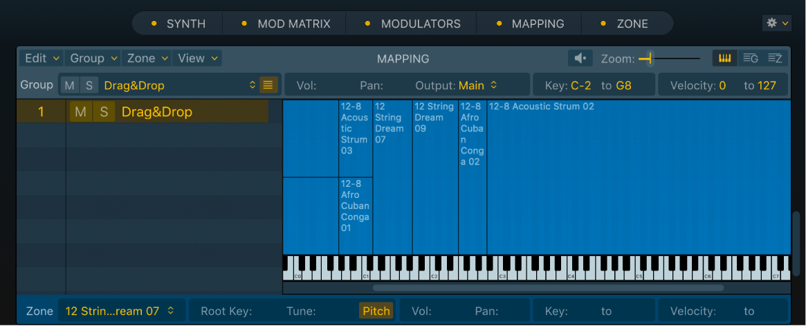 Abbildung. Key Mapping Editor mit einer Gruppe, die auf Basis einer einzelnen Audiodatei mittels Drag & Drop und der Methode „Optimized – Zone per Note“ importiert wurde.