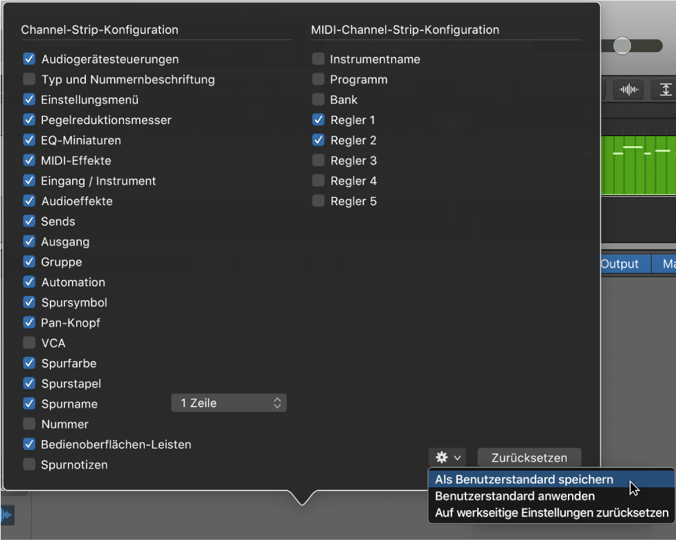 Abbildung. Sichern einer Channel-Strip-Konfiguration als Benutzerstandard