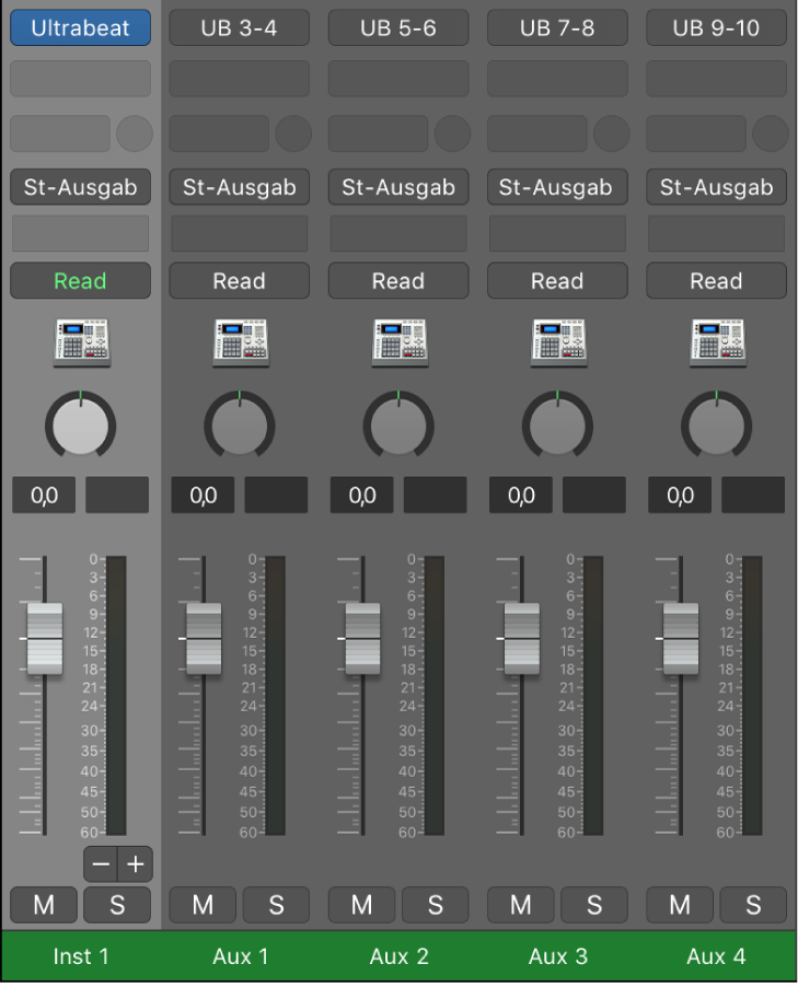 Abbildung. Dem Ultrabeat-Multi-Ausgang-Instrument zugewiesene Aux-Channel-Strips