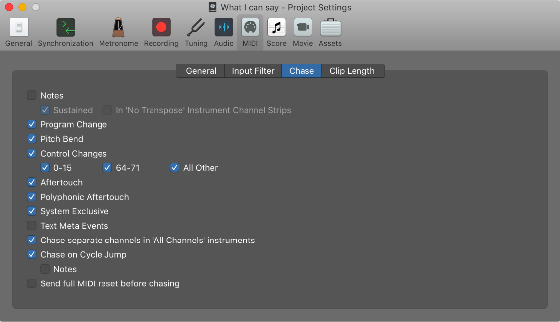 Figure. Chase pane in the MIDI project settings.