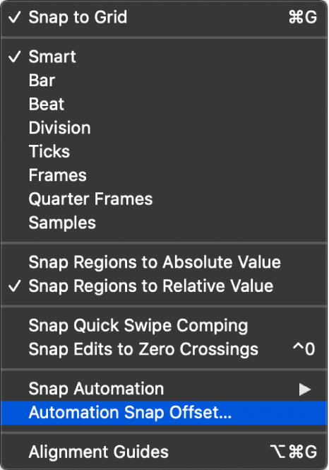 Figure. Pointing to the menu command in the Snap pop-up menu.