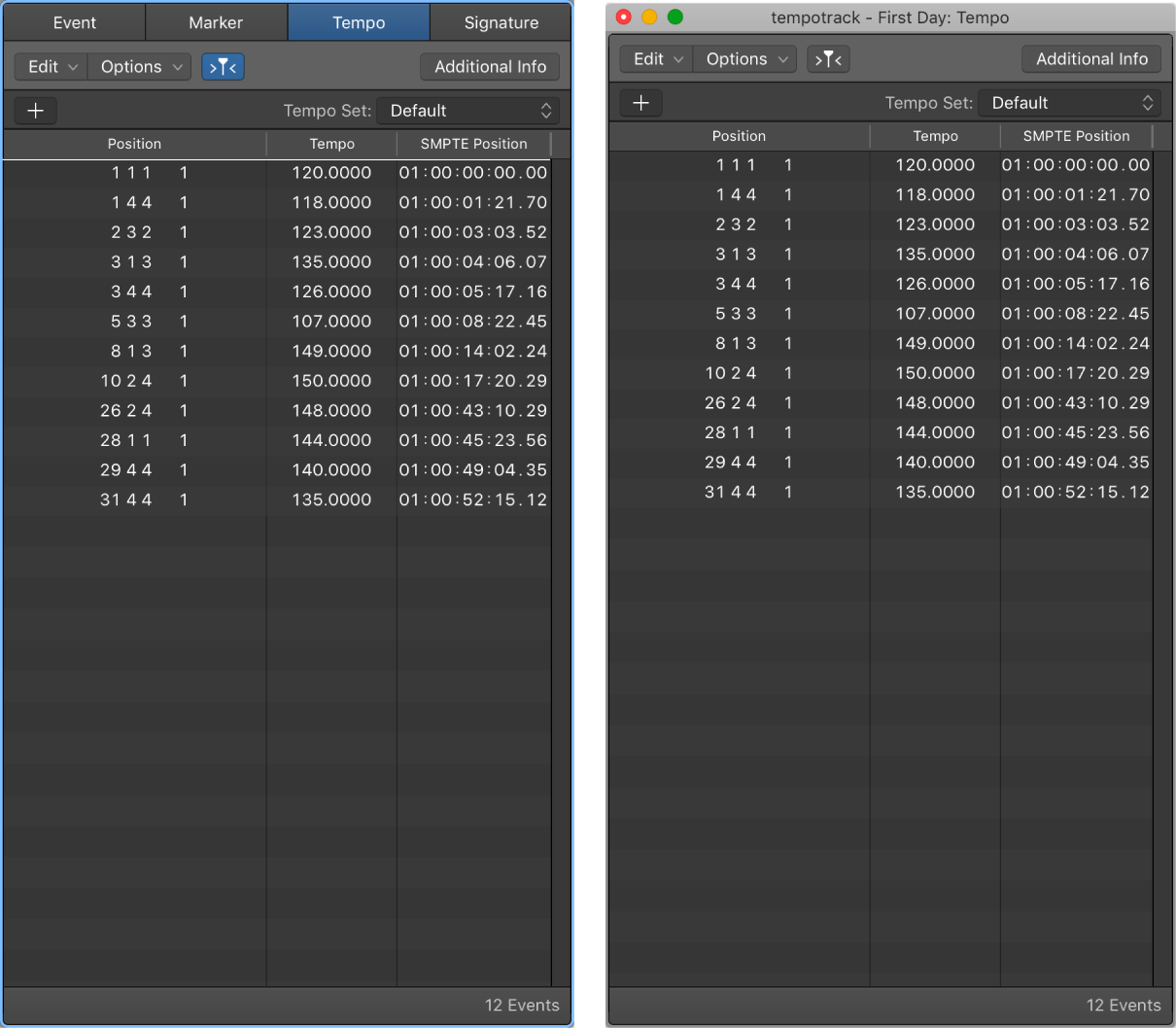 Figure. Tempo List displayed as both pane and window.