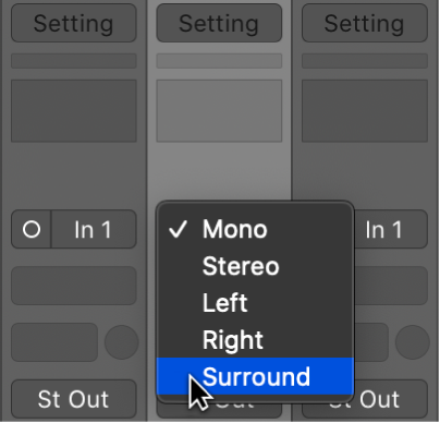 Figure. Input format pop-up menu on channel strip.