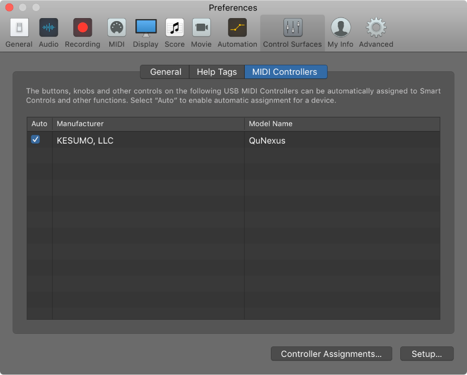 Figure. MIDI Controllers preferences of Logic Pro.