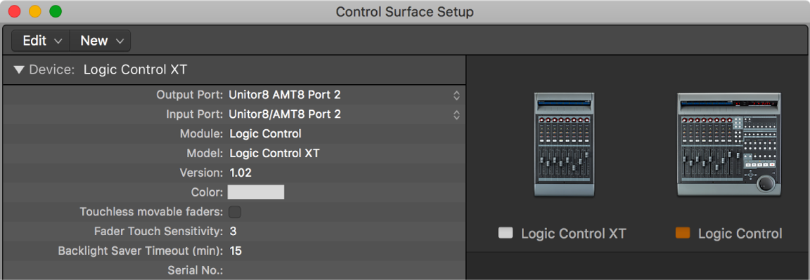 Figure. Control Surfaces Setup window, showing a control surface group.