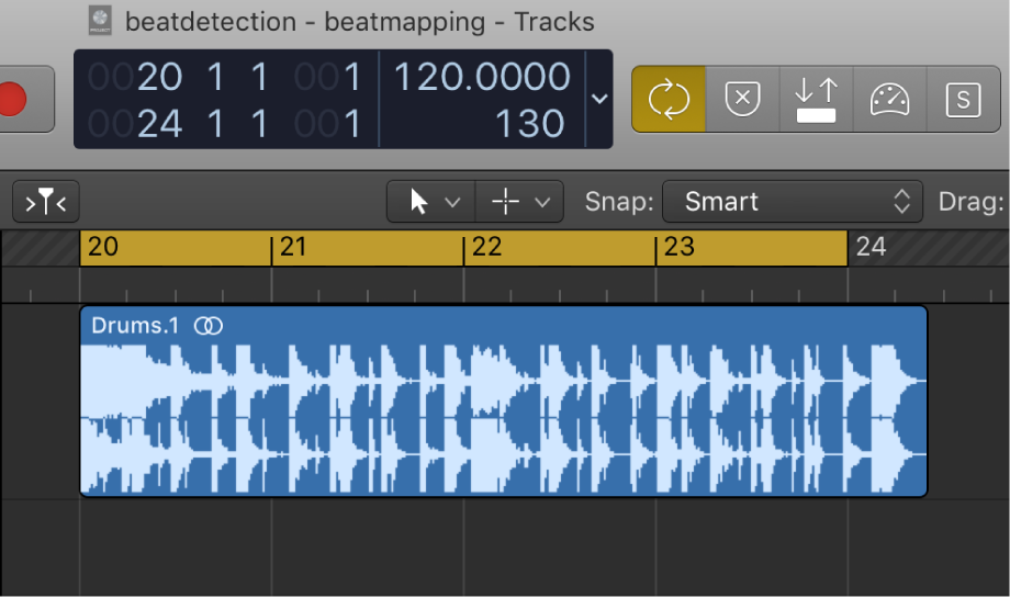 Figure. Tracks area showing locator range slightly shorter than audio region.