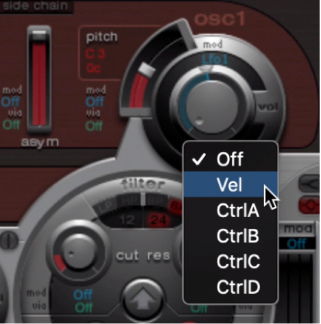 Figure. Oscillator 1 via modulation adjustment and pop-up menu.